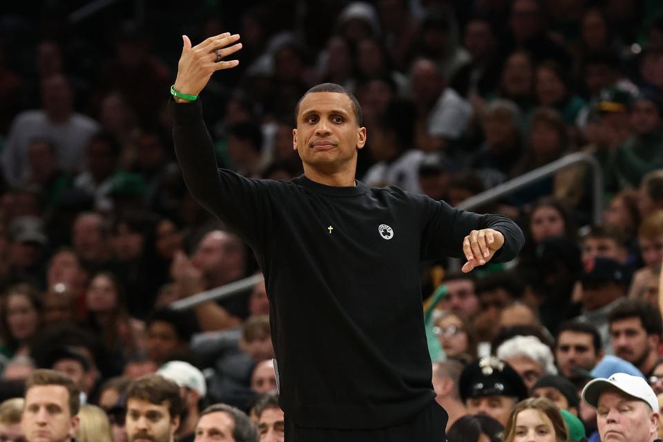 Nov 26, 2023; Boston, Massachusetts, USA; Boston Celtics head coach Joe Mazzulla during the second half against the Atlanta Hawks at TD Garden. Mandatory Credit: Winslow Townson-USA TODAY Sports