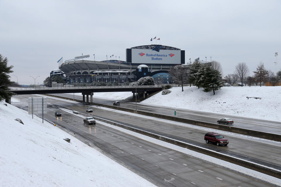 The home stadium of the Carolina Panthers in the snow at Bank of America Stadium on January 22, 2016 in Charlotte, North Carolina. A major snowstorm is forecasted for the East Coast this weekend with some areas expected to receive up to 1-2 feet of snow.