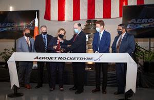 Aerojet Rocketdyne cuts the ribbon on an extension to the company’s Los Angeles rocket production facility that will support NASA’s Space Launch System rocket and Artemis program. Pictured left to right: Jim Maser, Aerojet Rocketdyne Sr. Vice President of Space; Johnny Heflin, Manager of NASA’s Space Launch System Liquid Engines Office; Eileen P. Drake, Aerojet Rocketdyne CEO and President; Congressman Brad Sherman (D-CA); Dr. Paul McConnaughey, Senior Advisor, NASA Human Exploration and Operations Mission Directorate; Fernando Vivero, Aerojet Rocketdyne Los Angeles Site Lead.