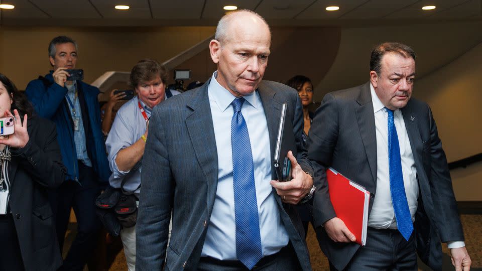 Boeing CEO Dave Calhoun is departing a meeting with Senator Tammy Duckworth Thursday as Boeing is dealing with the fallout of multiple recent safety mishaps, including a door blowing out mid-flight. (Photo by Aaron Schwartz/NurPhoto via AP) - Aaron Schwartz/NURPHO/Associated Press