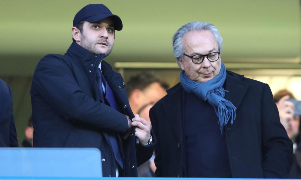 <span>Josh Dreyfuss of 777 and club owner Farhad Moshiri watch Chelsea v <a class="link " href="https://sports.yahoo.com/soccer/teams/everton/" data-i13n="sec:content-canvas;subsec:anchor_text;elm:context_link" data-ylk="slk:Everton;sec:content-canvas;subsec:anchor_text;elm:context_link;itc:0">Everton</a> on 15 April 2024. </span><span>Photograph: Rex/Shutterstock</span>