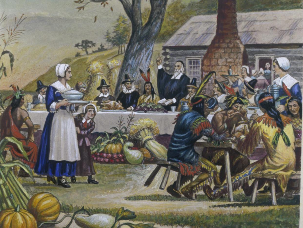 <span class="caption">In the 19th century, there was a campaign to link the Thanksgiving holiday to the Pilgrims.</span> <span class="attribution"><a class="link " href="https://www.gettyimages.com/detail/news-photo/the-first-thanksgiving-the-indians-joining-in-the-feast-of-news-photo/514887046?adppopup=true" rel="nofollow noopener" target="_blank" data-ylk="slk:Bettman/Getty Images;elm:context_link;itc:0;sec:content-canvas">Bettman/Getty Images</a></span>