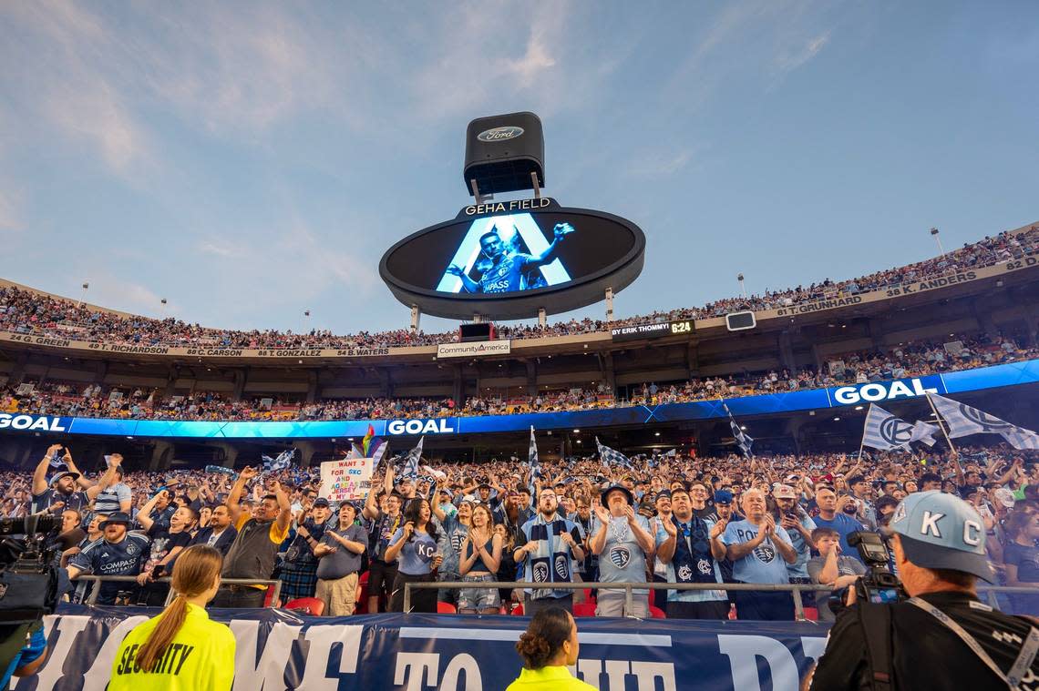 Fans cheer during an MLS game between Sporting Kansas City and Inter Miami at GEHA Field at Arrowhead Stadium on Saturday, April 13, 2024, in Kansas City. Emily Curiel/ecuriel@kcstar.com