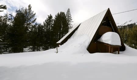 An above-average amount of snow covers a small cabin near where the first snow survey of winter conducted by the California Department of Water Resources in Phillips, California December 30, 2015. REUTERS/Fred Greaves