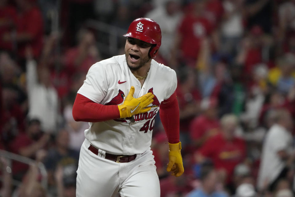 St. Louis Cardinals' Willson Contreras celebrates after hitting a solo home run during the fourth inning of a baseball game against the Milwaukee Brewers Monday, Sept. 18, 2023, in St. Louis. (AP Photo/Jeff Roberson)