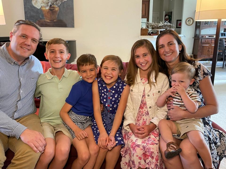 Grand Junction attorney Jeff Hurd, left,  with his wife and five children, won the Republican primary in Boebert’s old district after she abandoned her re-election campaign at the end of last year (Jeff Hurd)