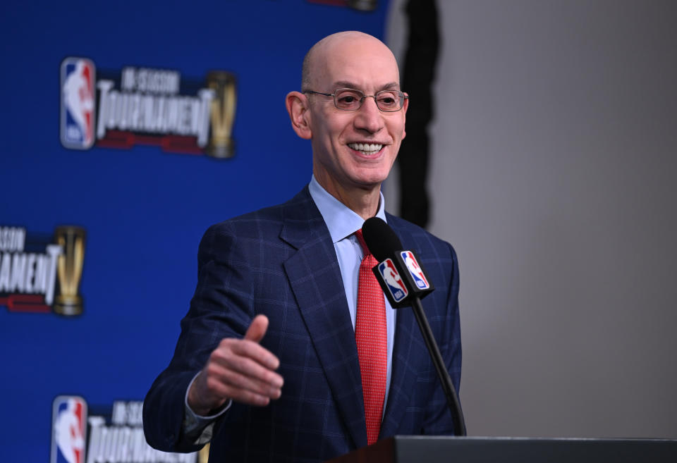 LAS VEGAS, NEVADA - DECEMBER 9: Commissioner of the NBA Adam Silver speaks at the press conference before the NBA In-Season Tournament Finals game between Los Angeles Lakers and Indiana Pacers at the T-Mobile Arena in Las Vegas, Nevada, United States on December 9, 2023. (Photo by Tayfun Coskun/Anadolu via Getty Images)