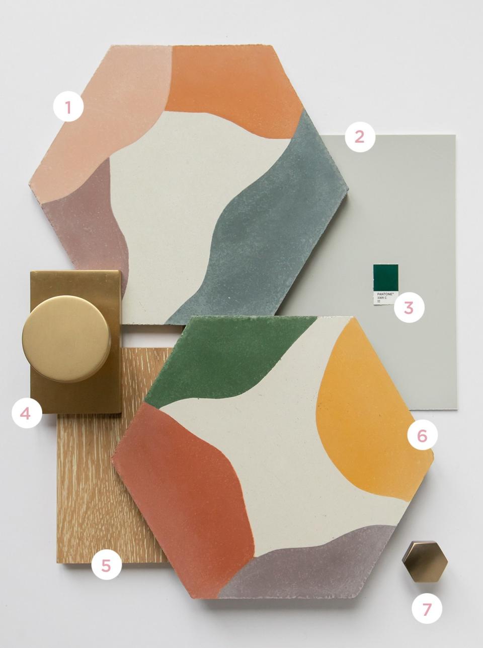 1. Juju Fruit Salad tile in White - Blue; 2. Clare paint in Seize the Gray; 3. Custom color Reform cabinets in dark green or blush; 4. Emtek brass satin door knob; 5. Mohawk wood floors in Beachwood Oak; 6. Juju Fruit Salad tile in White - Red; 7. Emtek hexagon knob in satin brass