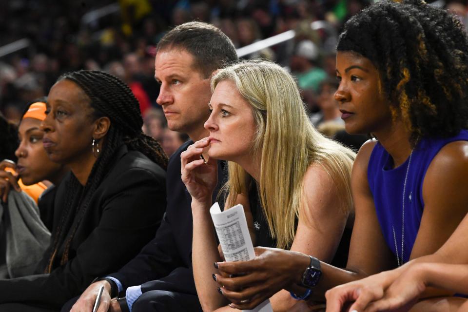 Tennessee basketball coach Kellie Harper with assistant coaches Jon Harper, Samantha Williams, left, Joy McCorvey during the NCAA tournament Sweet 16 basketball game against Louisville on Saturday, March 26, 2022. in Wichita, KS.