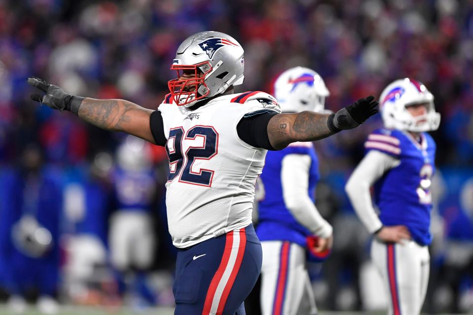 Patriots defensive tackle Davon Godchaux celebrates after a missed field goal by Buffalo Bills kicker Tyler Bass during the game in Orchard Park, N.Y., on Dec. 6.