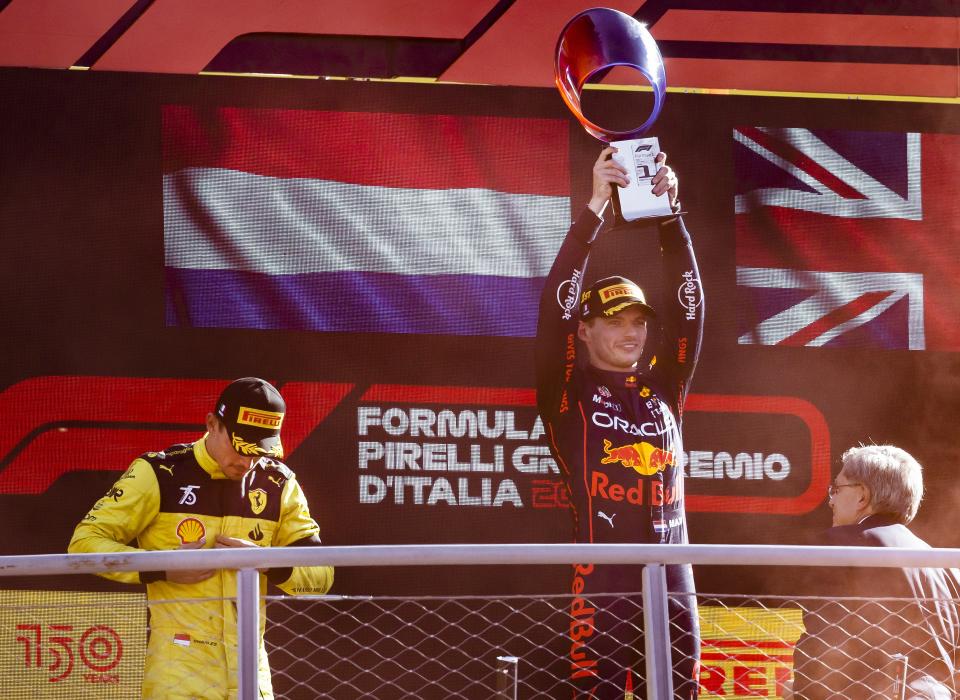 Seen here, Max Verstappen holds the trophy aloft after winning the Italian GP at Monza.