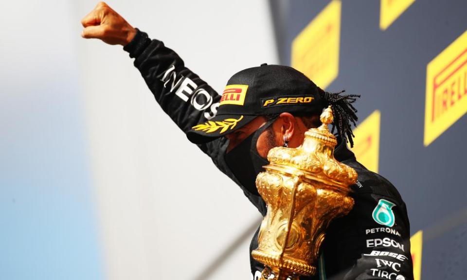 Race winner Lewis Hamilton on the podium during the F1 Grand Prix of Great Britain.