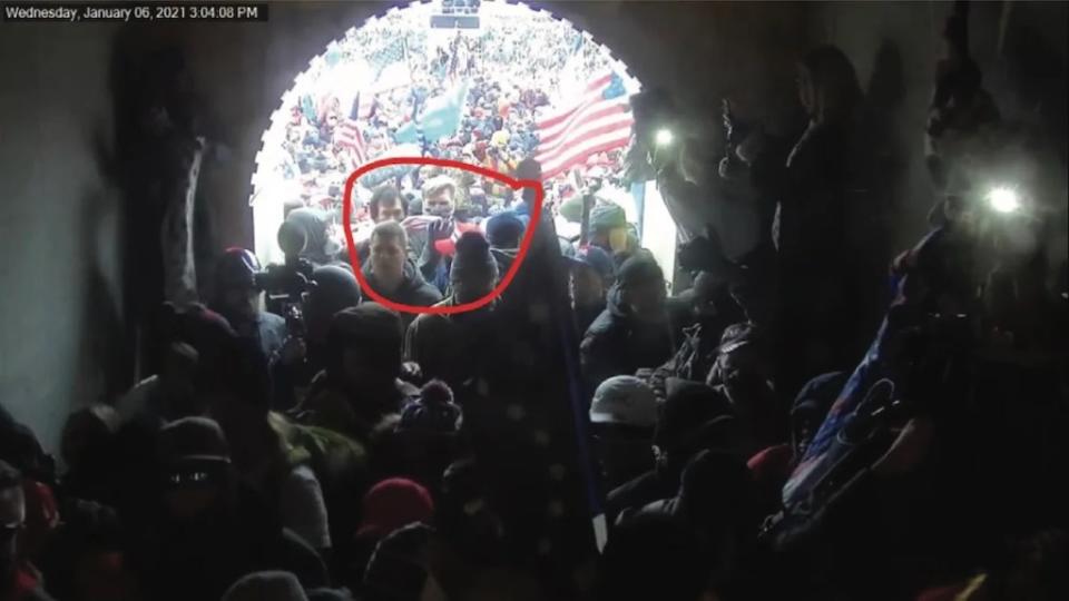 A still from footage showing a man believed to be Jay Johnston entering a tunnel at the Capitol on Jan. 6. (Photo: Justice Department)