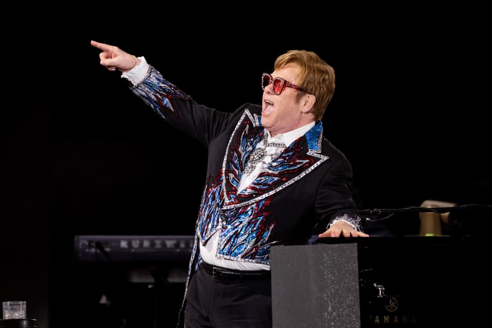 Elton John performs Nov. 17, 2022, during his Farewell Yellow Brick Road tour at Dodger Stadium in Los Angeles.