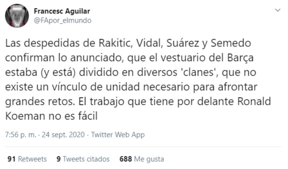 Una opinión que comparte el periodista Francesc Aguilar, de ‘Mundo Deportivo’. (Foto: Twitter / <a href="http://twitter.com/FApor_elmundo/status/1309190039960780800" rel="nofollow noopener" target="_blank" data-ylk="slk:@FApor_elmundo;elm:context_link;itc:0;sec:content-canvas" class="link ">@FApor_elmundo</a>).