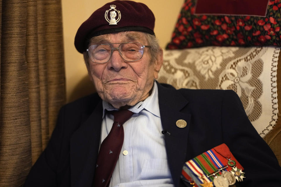 D-Day veteran Bill Gladden speaking at his home in Haverhill, England, Friday, Jan. 12, 2024. Gladden spoke to the AP on the eve of his 100th birthday, he is a veteran of the 6th Airborne Armoured Reconnaissance Regiment, part of the British 6th Airborne Division, he landed by glider on the afternoon of D-Day, 6th June 1944 in Normandy. (AP Photo/Alastair Grant)