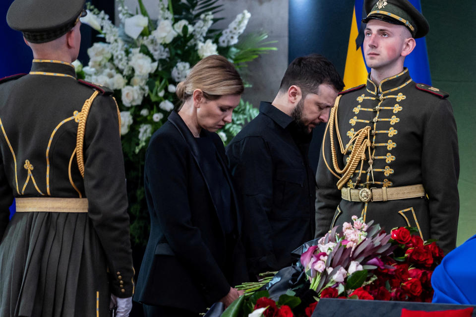 Zelenska and her husband attend the funeral of former President Leonid Kravchuk in Kyiv on May 17<span class="copyright">Viacheslav Ratynskyi—REUTERS</span>