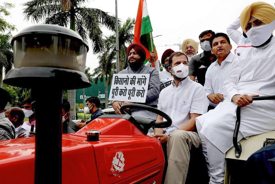 <div class="paragraphs"><p>Congress leader Rahul Gandhi drives a tractor to reach Parliament in support of farmers agitation against Centres farm reform laws during Monsoon Session, in New Delhi, Monday, 26 July.</p></div>