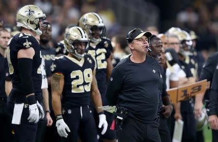 Sep 16, 2018; New Orleans, LA, USA; New Orleans Saints head coach Sean Payton watches his team in the second half against the Cleveland Browns at Mercedes-Benz Superdome. The Saints won 21-18. Mandatory Credit: Chuck Cook-USA TODAY Sports