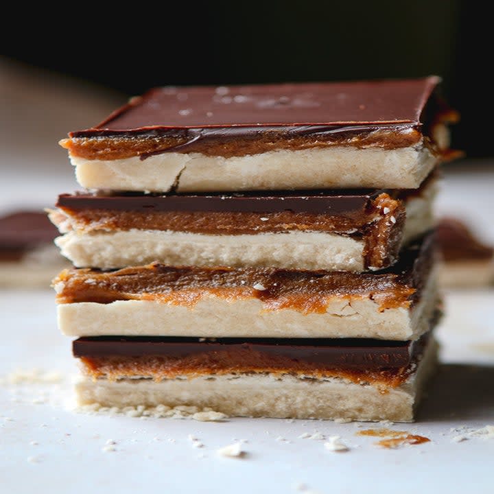 close up of bars with layers of shortbread, caramel, and chocolate in them