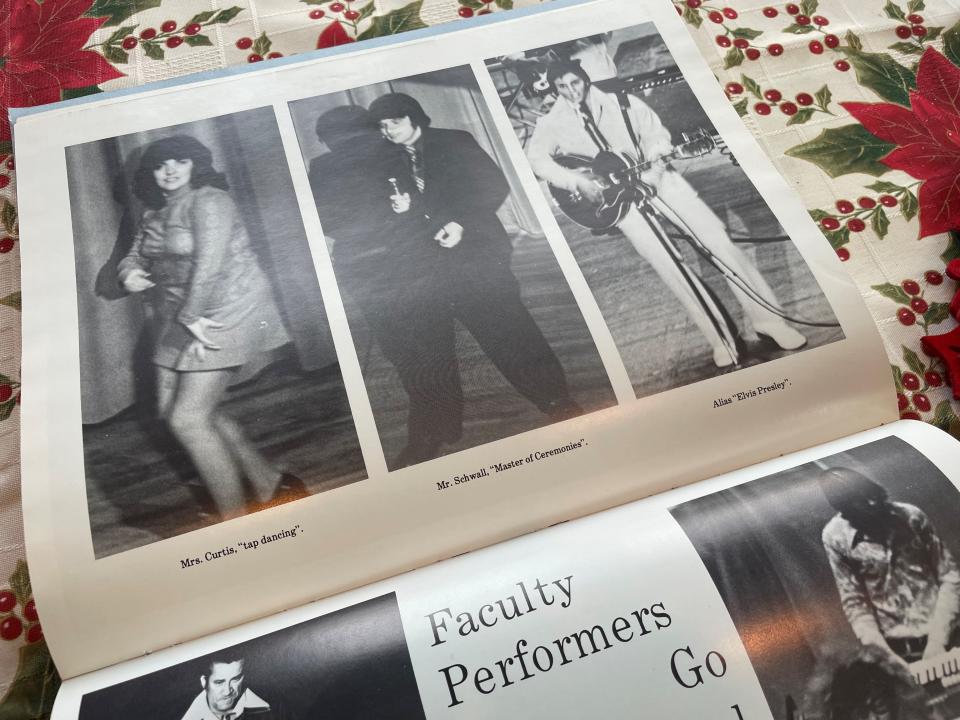 A copy of the 1975 Plythean yearbook from Plymouth Canton Salem High School shows Dave "King" Falzetti, who was an art teacher at the time, performing as Elvis Presley, photographed Tuesday, Dec. 202, 2022. Falzetti said the 1974 performance was the beginning of his career as a Elvis Presley tribute artist.