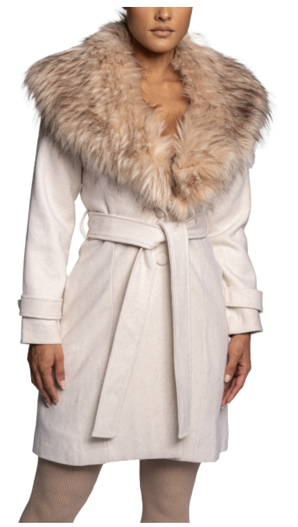 16) Wool Belted Coat with Faux Fur Trim
