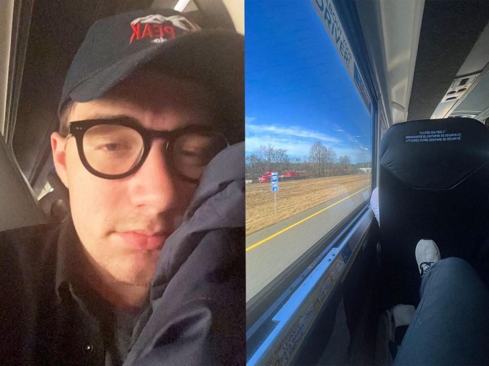 Lukas Flippo selfie (left), view from greyhound seat out to the highway