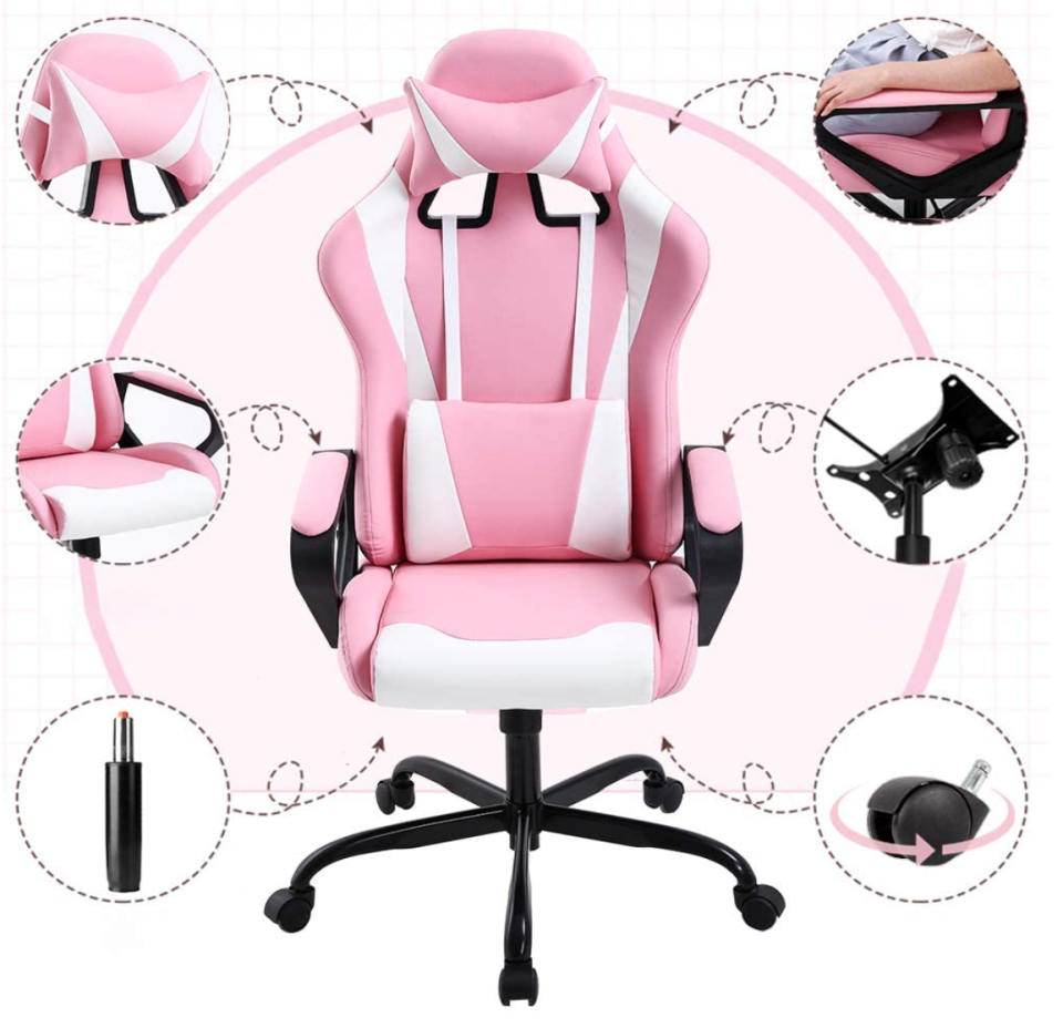 BestOffice Ergonomic Office Chair with High-Back and Lumbar Support in pink and white