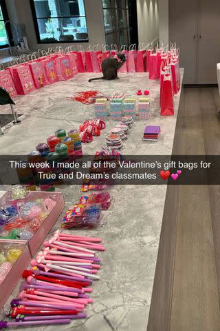 <p>Khloe Kardashian/Snapchat</p> Khloé Kardashian makes gift bags for True and Dream's classmates in celebration of Valentine's Day