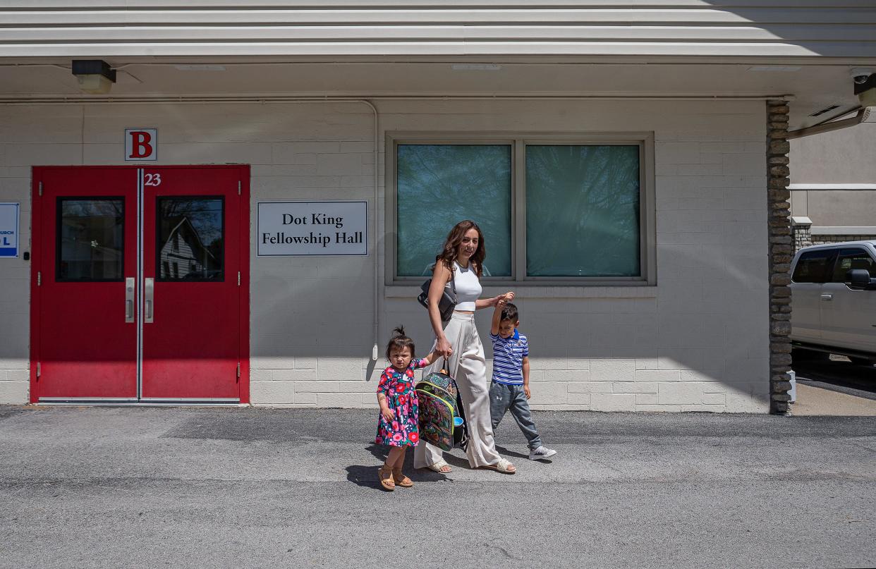 Axmarany Paniagua walked with her children while picking up her 4-year-old son from his new preschool at Crestwood United Methodist church. Paniagua, who lives in Louisville's south end, is building a home in Crestwood with her fiancé. April 18, 2024