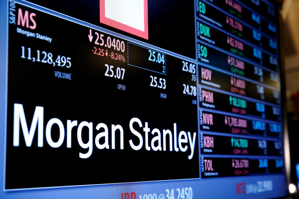 Information for stock in Morgan Stanley (MS) is displayed above the floor of the New York Stock Exchange (NYSE) after the opening bell in New York, U.S., June 24, 2016.  REUTERS/Lucas Jackson 