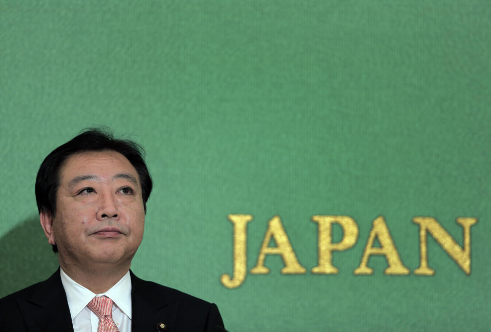 Japanese Prime Minister Yoshihiko Nda looks on during a debate by Democratic Party presidential election candidates at the Japan National Press Club in Tokyo Wednesday, Sept. 12, 2012. Noda and three others from the Democratic Party of Japan — none of them high-profile politicians — announced Monday that they will run in the Sept. 21 poll. (AP Photo/Itsuo Inouye)