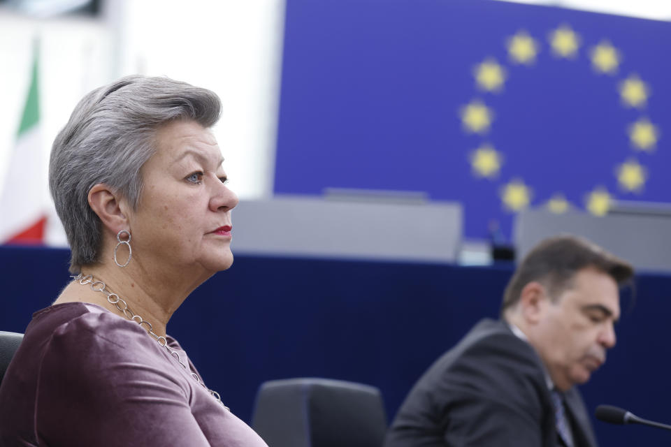 Ylva Johansson, EU Commissioner for Home Affairs, left, listens during a debate on asylum and migration including search and rescue, Wednesday, Nov. 23, 2022 at the European Parliament in Strasbourg, eastern France. (AP Photo/Jean-Francois Badias)