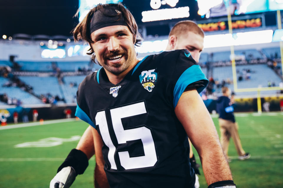 JACKSONVILLE, FLORIDA - DECEMBER 08: Gardner Minshew II of the Jacksonville Jaguars leaves the field after a loss to the Los Angeles Chargers at TIAA Bank Field on December 08, 2019 in Jacksonville, Florida. (Photo by Harry Aaron/Getty Images)