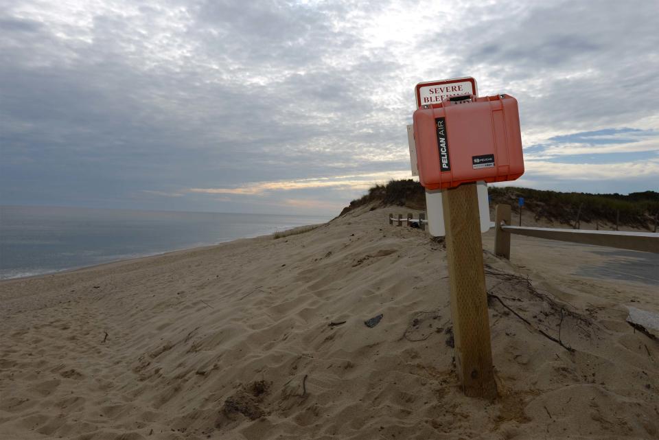 A Wellfleet town committee has received a $200,000 state grant to bring a fiber optic connection to Maguire Landing at Lecount Hollow, and White Crest and Cahoon Hollow beaches to provide a reliable way to contact rescuers during beach emergencies. The service could expand to Newcomb Hollow Beach, shown here on Friday, where a white shark attack in 2018 killed Arthur Medici, 26, of Revere.
