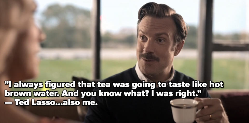 A scene from "Ted Lasso" where Ted is drinking tea