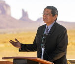 Jonathan Nez, president of the Navajo Nation speaks at the ceremony of the signing of the agreement for the Navajo federal reserved water rights settlement, in Monument Valley, Utah on Friday, May 27, 2022 (Rick Egan/The Salt Lake Tribune via AP)
