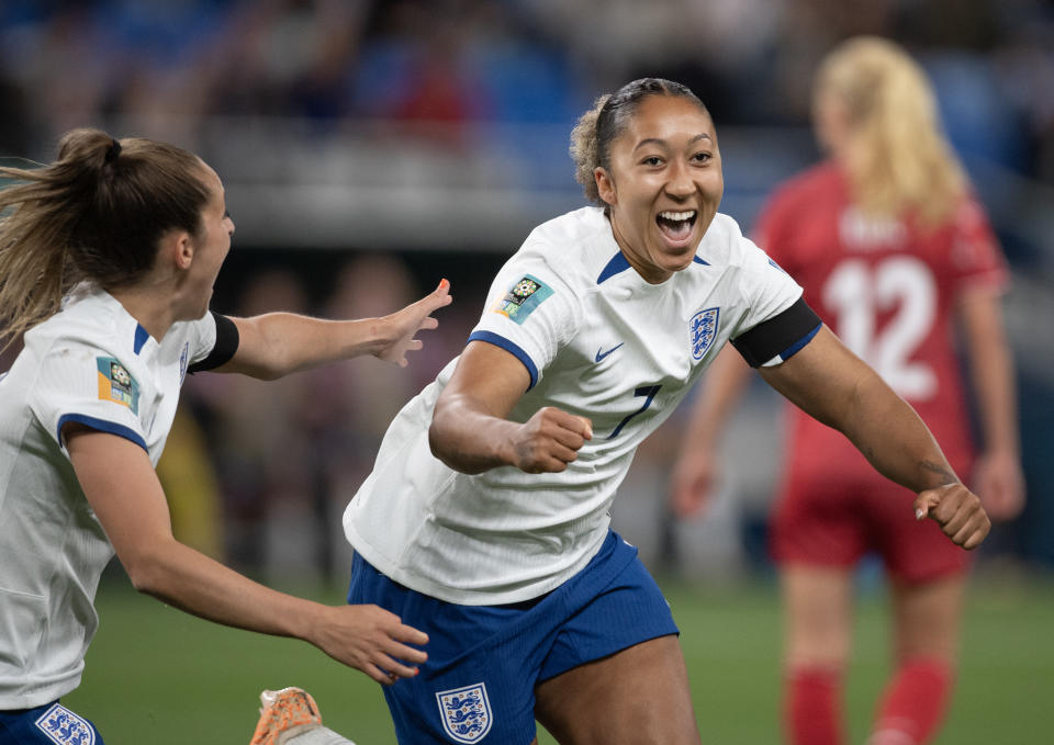 SYDNEY, AUSTRALIA - JULY 28: Lauren James of England celebrates scoring during the FIFA Women's World Cup Australia & New Zealand 2023 Group D match between England and Denmark at Sydney Football Stadium on July 28, 2023 in Sydney, Australia. (Photo by Joe Prior/Visionhaus via Getty Images)