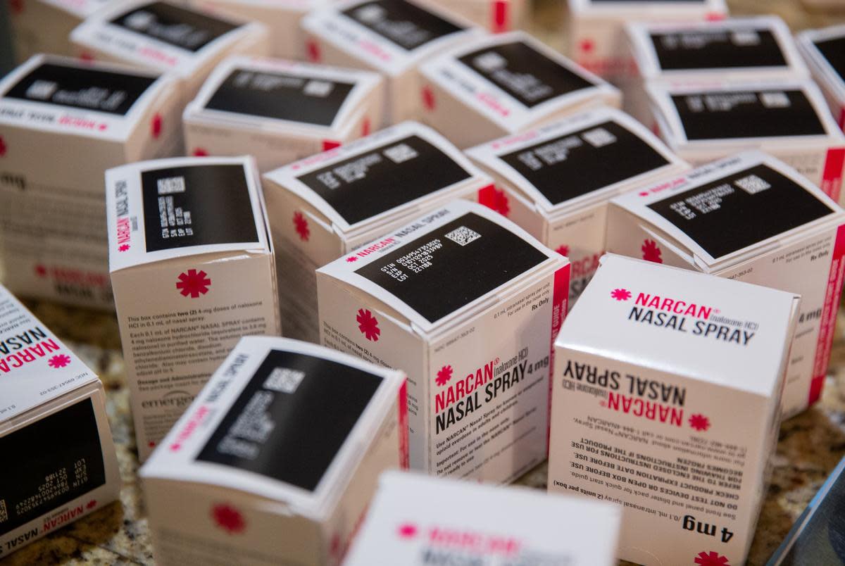 Boxes of Narcan Nasal Spray at Janel Rodriguez's home March 30, 2023, in Hays County.