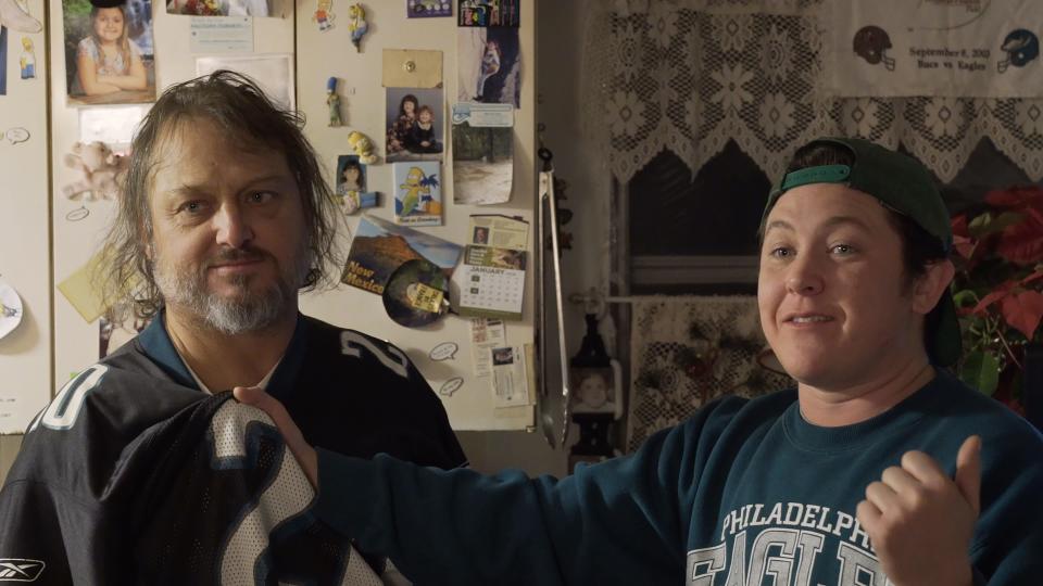 Jack grabs his father, Tony, while telling a story after the Eagles game in a scene from the documentary "Jack & Yaya."