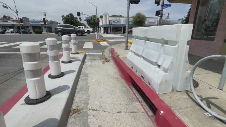 The city of Long Beach implemented temporary barriers to protect the store, but owner Emily Yep says it isn’t enough. She spoke with KTLA on May 3, 2024. (KTLA)