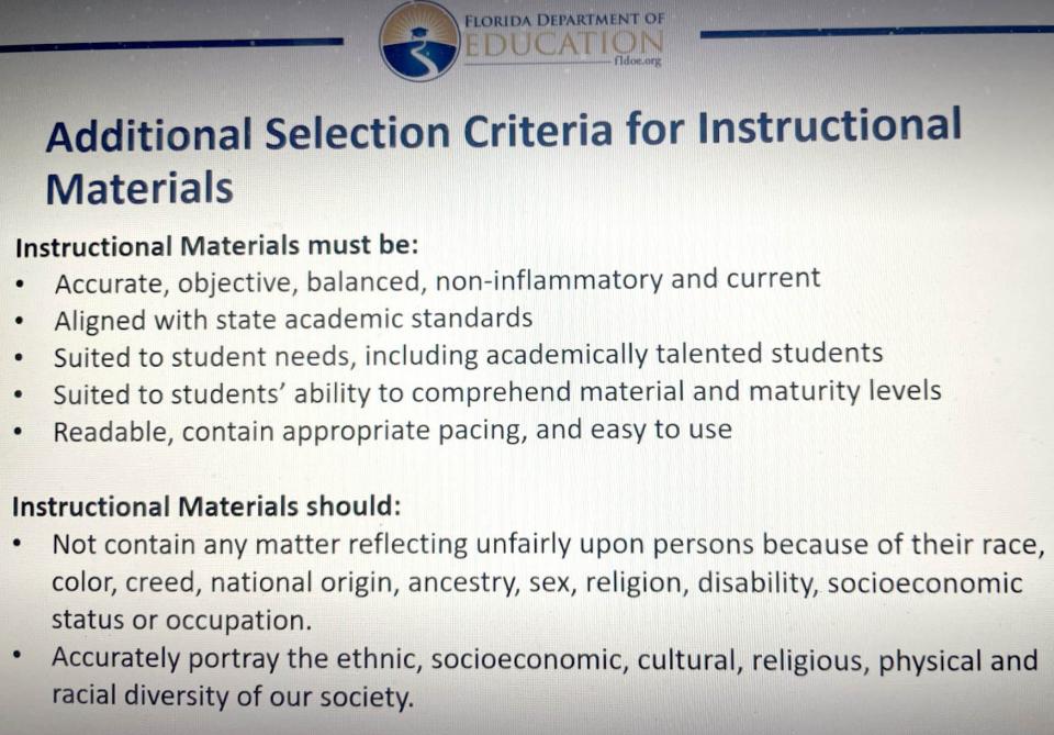 Guidance from the Florida Department of Education urges media specialists not to approve instructional materials that are "inflammatory." The annual training distributed statewide did not give examples.