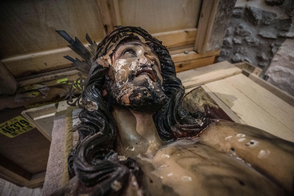 Damage after an American tourist attacked and toppled a statue of Jesus in the Church of the Flagellation on the Via Dolorosa in the Old City of Jerusalem on Feb. 2, 2023. (Mostafa Alkharouf / Anadolu Agency via Getty Images)