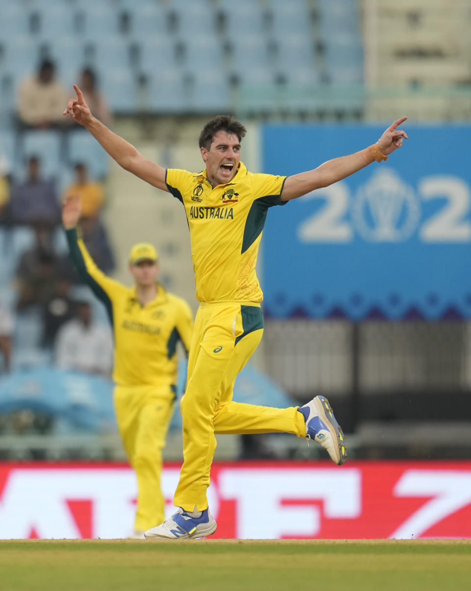 Australia's captain Pat Cummins unsuccessfully appeals for the wicket of Sri Lanka's Charith Asalanka during the ICC Men's Cricket World Cup match between Australia and Sri Lanka in Lucknow, India, Monday, Oct. 16, 2023. (AP Photo/Aijaz Rahi)