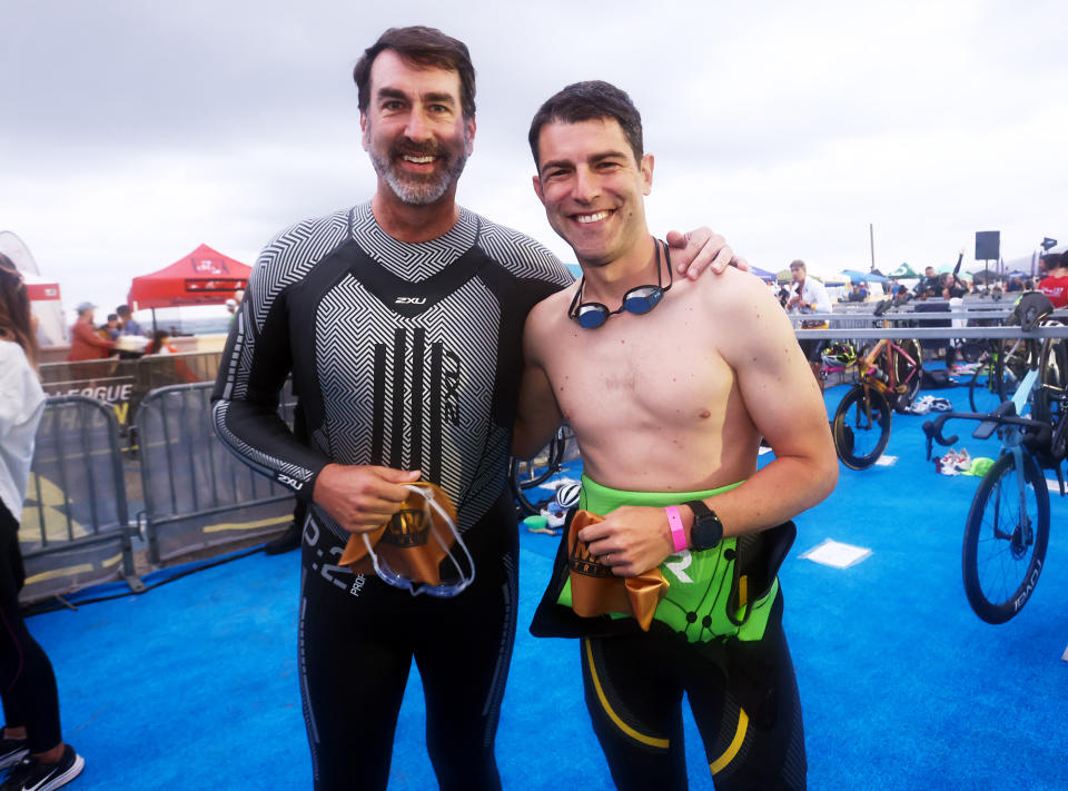 <p>Rob Riggle and Max Greenfield share triumphant smiles on Sept. 18 following the 37th annual 2XU Malibu Triathlon presented by Bank of America, which raised more than $1 million to benefit pediatric cancer research at Children's Hospital Los Angeles. </p>