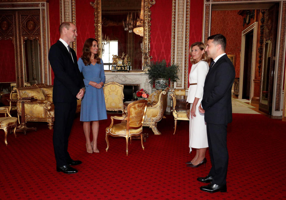 The Duke and Duchess of Cambridge meet the President of Ukraine, Volodymyr Zelenskyy, and his wife, Olena, during an audience at Buckingham Palace, London.