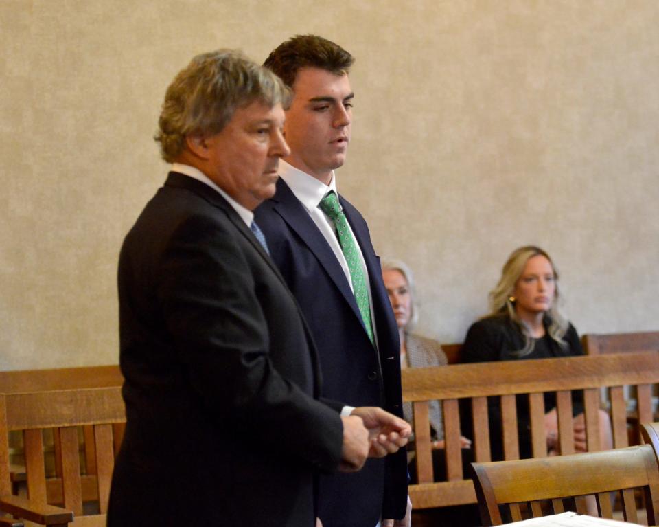 With his attorney David Meier, David Sullivan of Medfield, right, stands during his arraigned in Barnstable Superior Court's second session Tuesday morning. Sullivan was indicted in connection with the Sesuit Harbor boat crash that killed 17-year-old Sadie Mauro on July 21, 2023.