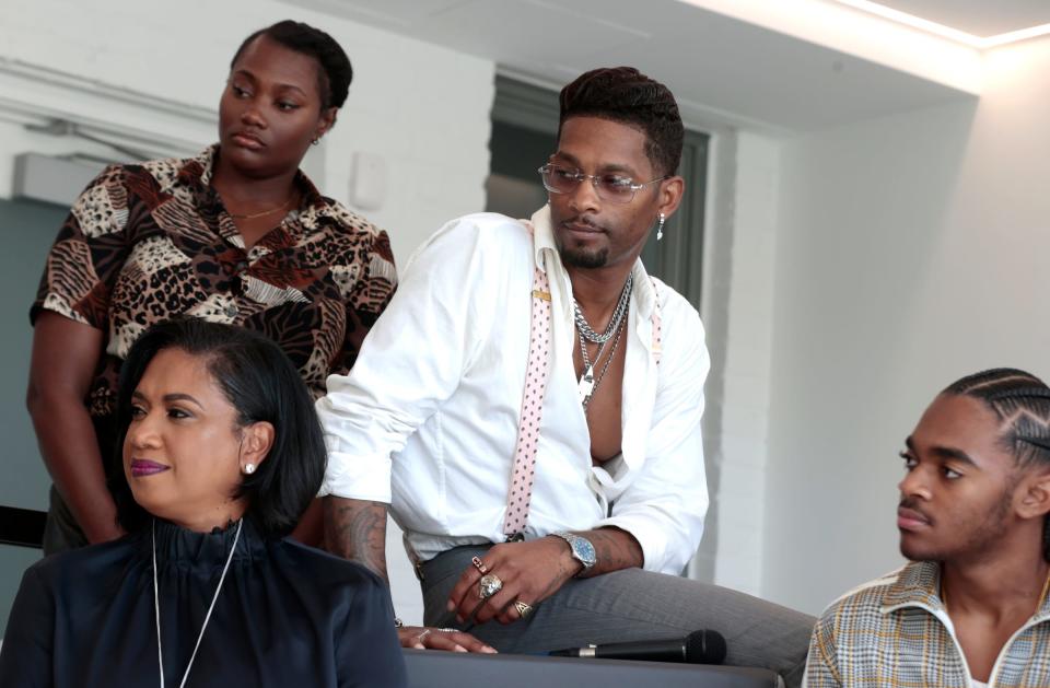 (L to R) Motown Museum CEO and Chairwoman, Robin Terry along with three of 13 Hitsville Next artists, Brittney Hayden, Drey Skonie and King Bethel listen as Temptations singer Otis Williams answered questions and told stories about his singing career with the famed Motown group during an hour-long roundtable discussion at the Motown Museum in Detroit on Wednesday, October 4, 2023.