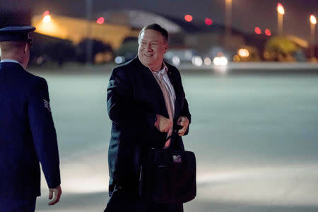 U.S. Secretary of State Mike Pompeo arrives to board his plane to travel to Anchorage, Alaska on his way to Pyongyang, North Korea in Andrews Air Force Base, Maryland, U.S. July 5, 2018. Andrew Harnik/Pool via REUTERS