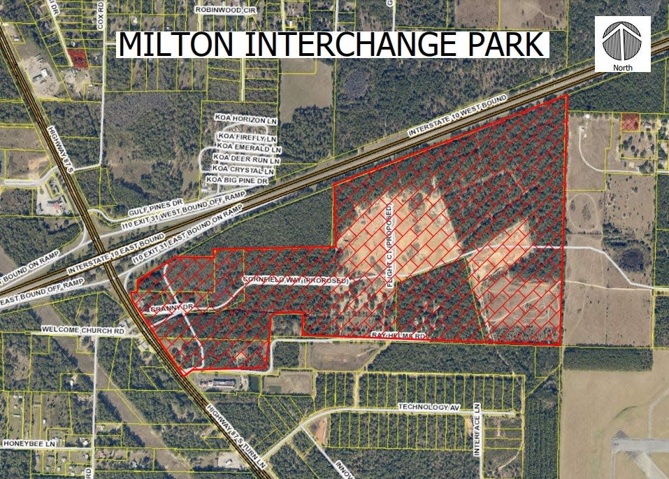 An aerial view of the future Milton Industrial Park site at Exit 31 on Interstate 10 in Santa Rosa County.